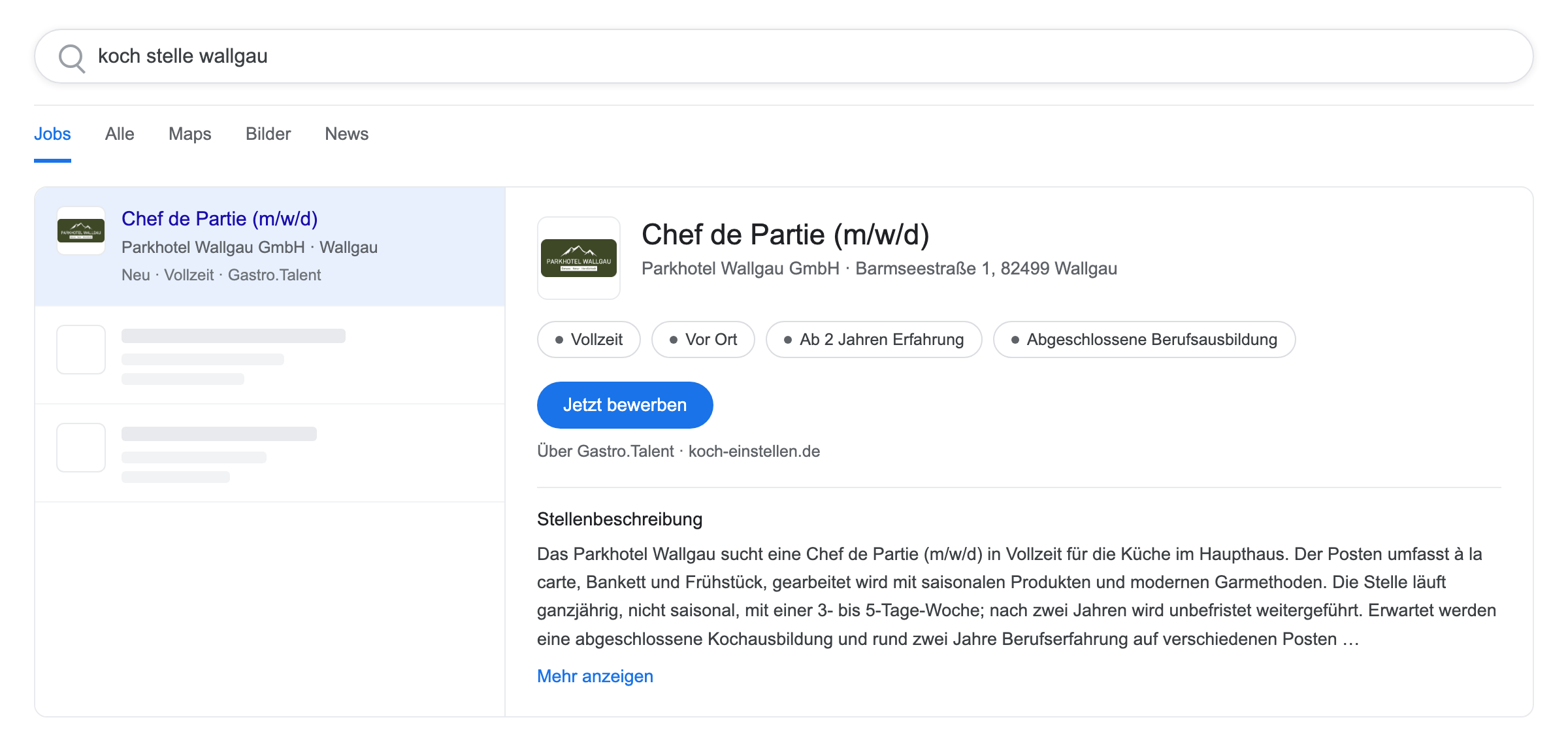 Die Stelle in der Google-Jobsuche